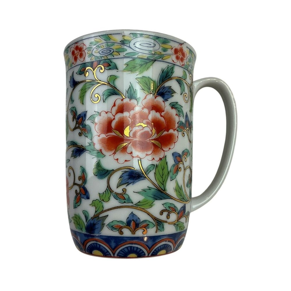 Vintage Japanese Porcelain Floral Tea Cup Mug Handpainted With Gold Accents & Fl